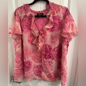 Avenue Plus Size 18/20 Pink Floral Ruffle Blouse